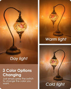 Yarra-Decor Turkish Moroccan Lamp with Bronze Base 3-Way Color Changing Handmade Swan Neck Tiffany Mosaic Glass Bedside Lamps for Bedroom (LED Bulb Included) (Red2)