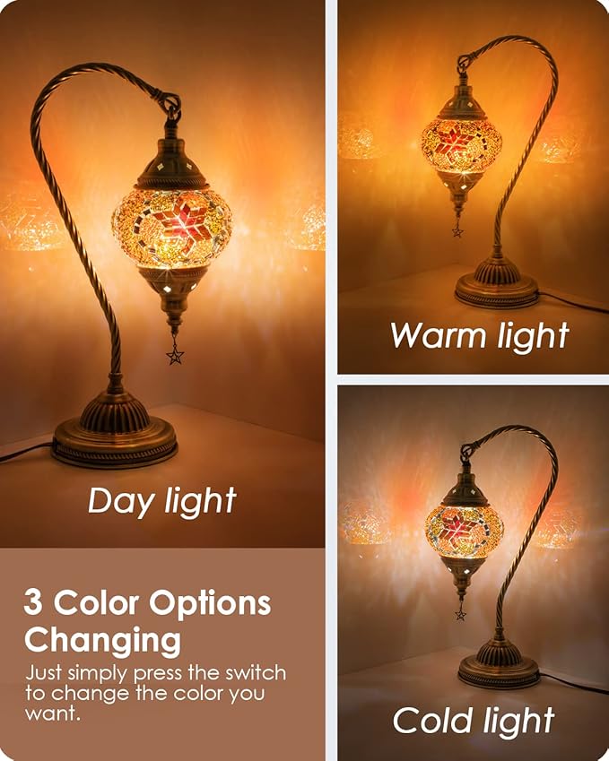 Yarra-Decor Turkish Moroccan Lamp with Bronze Base 3-Way Color Changing Handmade Swan Neck Tiffany Mosaic Glass Bedside Lamps for Bedroom (LED Bulb Included) (Red2)