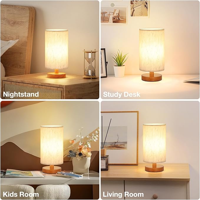 Fenmzee Small Lamps Set of 2 - Inline Control, Bedside Table Lamp for Bedroom with 3000K A15 LED Blub, Easy Assembly (Cream Shade - Walnut Base Set of 2, 9" Inline Control)
