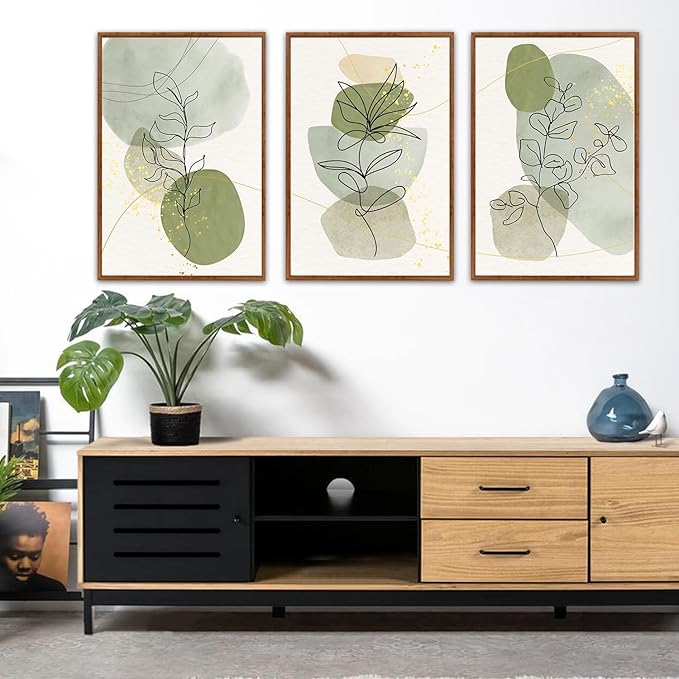 KAlRNE Boho Botanical Framed Canvas Wall Art Set of 3(24”X36”),Abstract Sage Green Wall Decor,Minimalist Watercolor Picture,Modern Geometric Black Line Art Prints For Living Room Bedroom Office