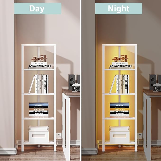 TUTOTAK Corner Shelf with LED Light, 5-Tier Corner Bookshelf for Small Space, Narrow Display Corner Shelf Stand with Storage Rack, for Living Room, Bedroom, White BS05BW005L