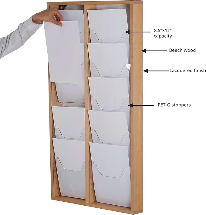 M&T Displays Wall Mount Natural Wood Magazine Brochure Rack Wooden Leaflet Literature Catalog Holder Easy Assembly Durable Clear PET G Pocket 10x(8.5x11) Inch for School Office Hospital Hotel Indoor