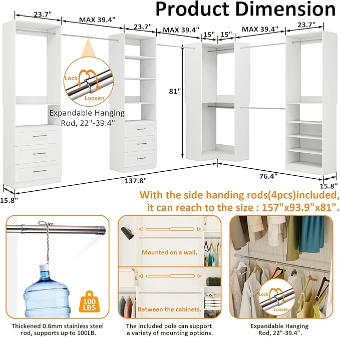 Closet System with 4 sets, 101.9" Closet Organizer Systems with 6 Drawers & 8 Hanging Rods & Adjustable Shelves, Walk in Closet Standing Closet System, Corner Closet System Set, White
