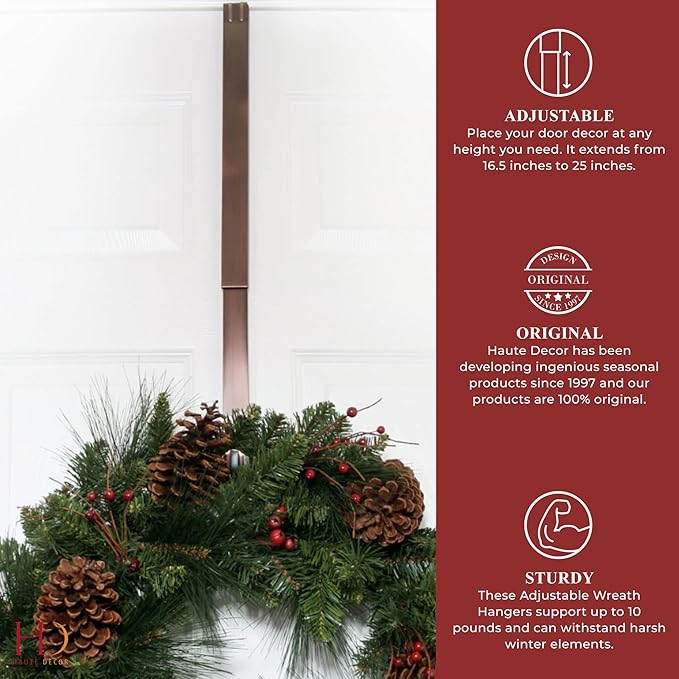 Haute Decor Adapt Adjustable Length Wreath Hanger 2 Pack (Bronze) Front or Back Door Decor Holders with Pads on The Back, Holds up to 10 lbs. Oil-Rubbed Bronze 2 Pack