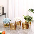 Square Glass Vases Set of 6, 4" x 4" x 4" Square Flower Vases for Centerpieces, Amber Vase for Flowers, Small Vase for Wedding, Party, Home Office Decoration