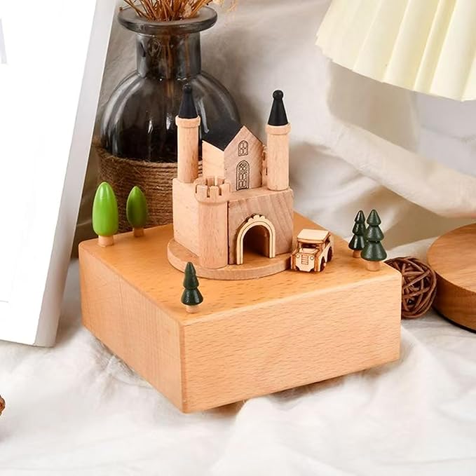 Natural Solid Wood Handcrafted Beech Wooden, Musical FigureTotoro/Carousel/Fairy/Ballerina Figurine,Rotating Hand Crank Mechanism Music Box,Musical Decorations (Prince and Princess)