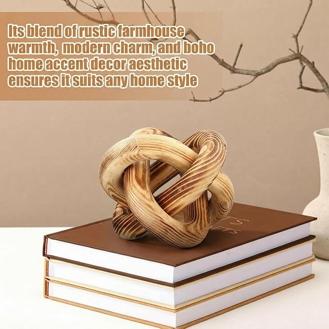 Yalikop 3 Link Wood Knot Decor Rustic Home Décor Accents Hand Carved Coffee Table Decoration, Boho Chain Link Decoration, Modern Shelf, Rustic Objects for Home Living Room Bedroom(Burnt)