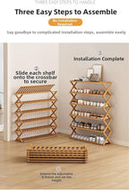 Bamboo Shoe Rack Organizer, 2-10 Tiers, Natural or Tea Color, No-Tool Assembly, Foldable Storage Shelf (Gem Green 4-Storey 100)