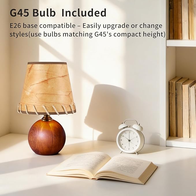 Mid-Century Modern Table Lamp, Spherical Solid Walnut Wood Base, Imitation Parchment Shade with Hand-Stitched Rope, 3-Color Dimmable LED Bedside Lamp for Nightstand & Japandi Decor