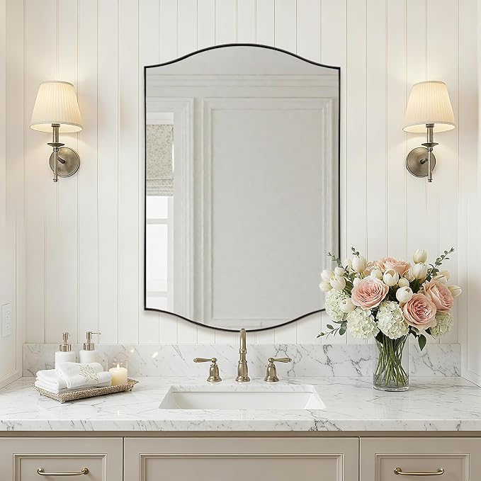 ANDY STAR 26"x38" Scalloped Mirror for Bathroom，Brushed Nickel Rectangle Wall Mirror with Curved Edge Stainless Steel Metal Frame, Wall-Mounted Mirror for Bathroom, Entryway, Living Room