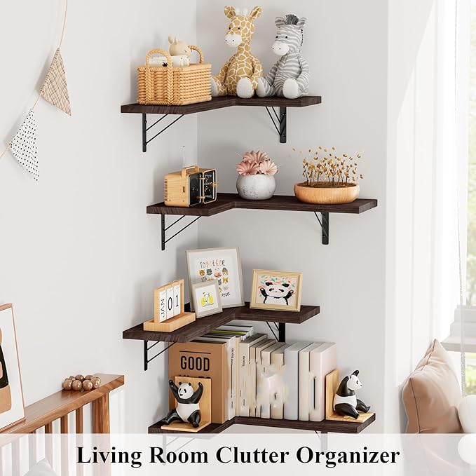 Love-KANKEI Corner Shelf Wall Mounted Set of 4, Floating Wall Shelves for Storage, Rustic Wood Hanging Shelves for Bathroom Kitchen Bedroom Living Room Display, Dark Brown