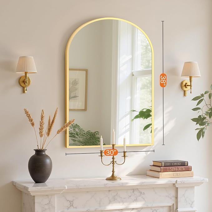 Sweetcrispy 38"x30" Arched Gold Bathroom Mirrors for Wall, Bathroom Mirrors for Over Sink, Metal Framed with HD Shatter-Proof Glass for Entryway, Living Room, Bedroom, Home Decor