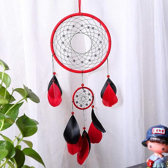Red Dream Catchers, Dream Catcher for Wall Decor, Traditional Dreamcatcher Red Feather Wall Hanging Decoration