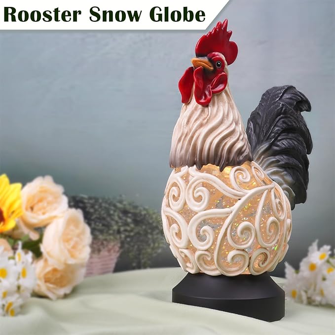 Spring Rooster Snow Globe Decor with 6H Timer, Swirling Glitter Rooster Snowglobe Decorations, USB/Battery Operated, Rooster Glitter Globe for Spring Holiday Home Decor and Gift