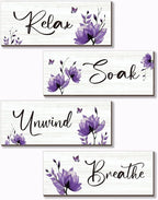 ONIZHITY Set of 4 Purple Bathroom Decor With Purple Flower Wall Decor Inspire Relax Soak Unwind Breathe Rustic Wooden Wall Art Ideal for Bedroom Office Living Room Kitchen Decoration(Purple 10x4Inch)