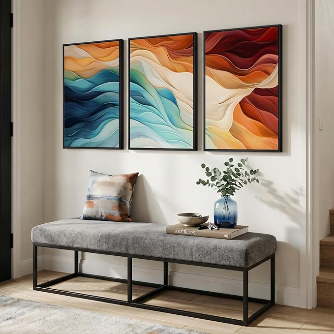 Large Framed Blue Orange Abstract Wall Art for Living Room, Set of 3 Modern Canvas Prints Paintings Artwork for Walls, Minimalist Colorful Bright Pictures for Dining Bedroom Hallway Wall Decor 24x36 In