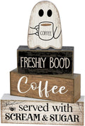 Lineshading 4 Pcs Halloween Table Decor Coffee Ghost Wooden Sign Halloween Tiered Tray Decor Farmhouse Ghost Tabletop Centerpiece Decorative Coffee Bar Block Signs for Home Office Kitchen Shelf