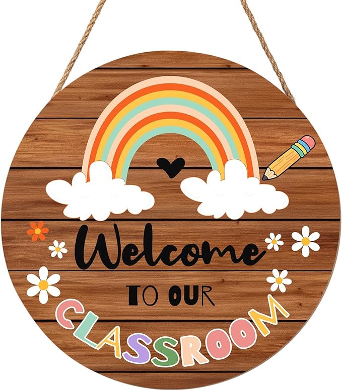 Harooni Welcome Sign for Classroom Door Sign Welcome to Our Classroom Door Decorations 12"x12" Rainbow Classroom Welcome Door Hanger Wreath Signs for School Classroom Door Hanger Teacher Gift Bulletin