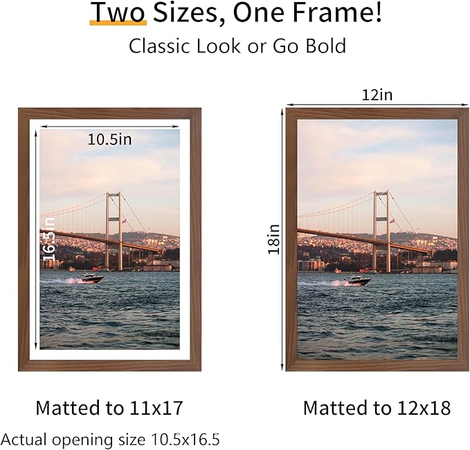 12x18 Picture Frame 3 Pack - Brown Poster Frame Display Pictures 11x17 with Mat or 12 x 18 Without Mat for Wall Hanging Horizontal and Vertical