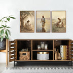 KAlRNE Vintage Christian Framed Canvas Wall Art Set of 3(16”X24”),Jesus Bible Story Wall Decor,Spiritual Religious God Painting,Neutral Inspirational Beige Art Prints For Living Room Bedroom Church