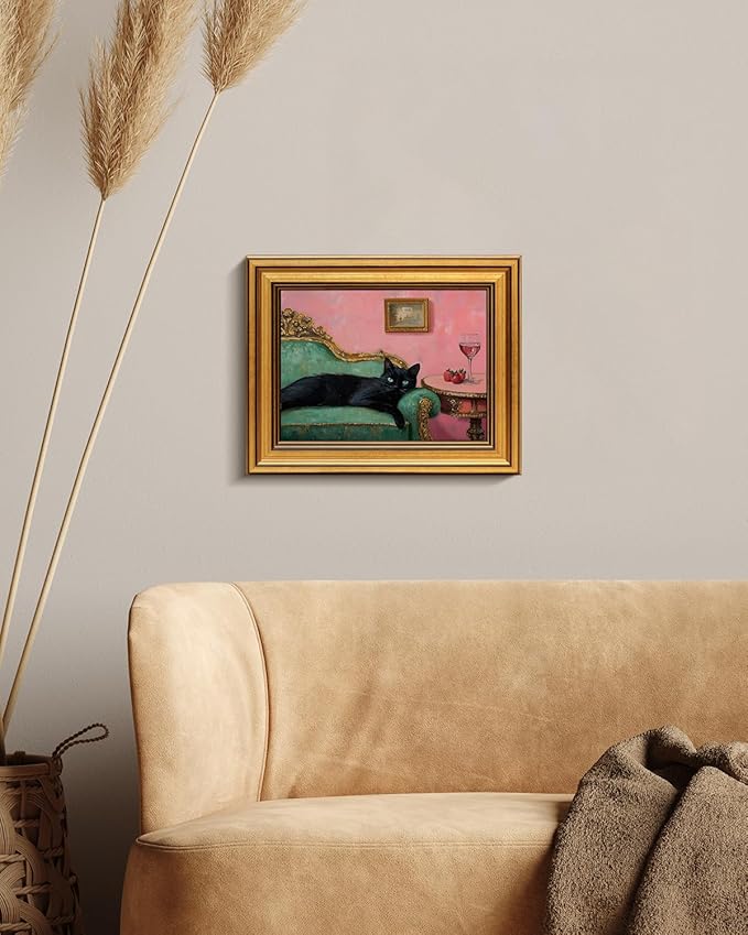 VIYYIEA Vintage Gold Framed Wall Art for Living Room, Black Cat Canvas Prints Home Decor, Oil Painting Picture, Bedroom Wall Decor Gifts for Friends or Family -【Lying Cat】-(10L x 8W)