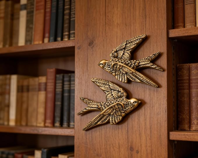 AMOIENSIS Bird Wall Sculpture Art, Set of 2, 4.75 Inch Resin Antique Gold Bird 3D Sculpted Floating Hanging Wall Decoration