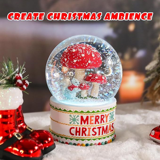 Vipush Christmas Snow Globe -Squirrels & Mushrooms Musical Snow Globe with Color Changing Led Lights, Christmas Decorations with Music Box Gifts for Girls Kids, Decorations for Christmas & Birthday