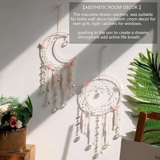 Artilady Butterfly Dream Catchers with Crystals - Large Boho Pink Moon Dream Catcher Wall Decor Home Decorations Girls Kids Baby Bedroom Room Decor Christmas Birthday Teen Girl Boys Gifts
