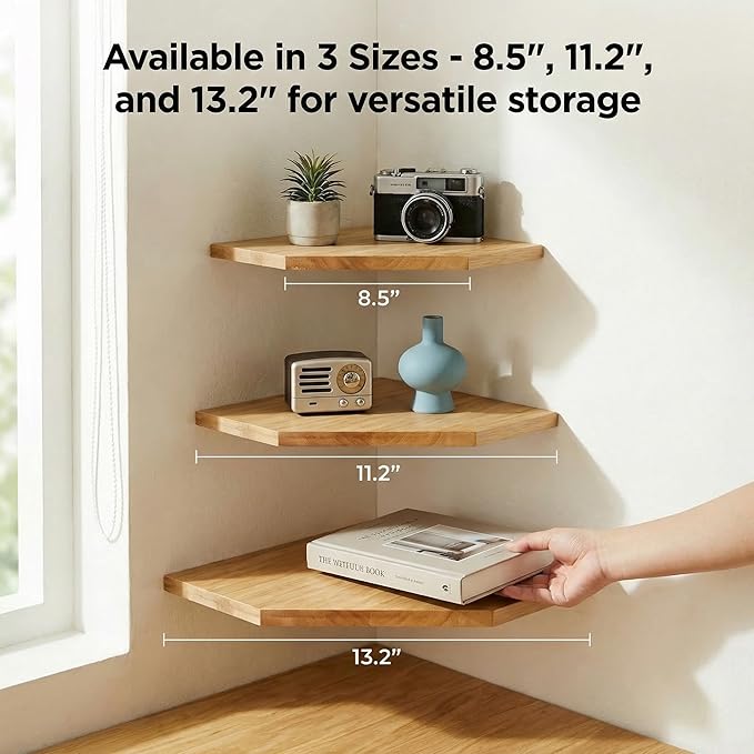 JiudunsKylight Wall Mounted Corner Floating Shelf Set of 3, with Wire Hole, 8.5/11.2/13.2 Inch Oak Shelves for Bedroom, Kitchen, Living Room, Storage and Display for Small Plants