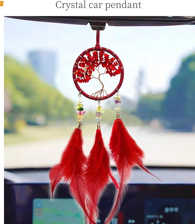 Red Mini Dream Catcher for Car, Handmade Tree of Life with Feathers Small Dreamcatcher Wall Hanging Ornament Bedroom Room Decor Festival Gift