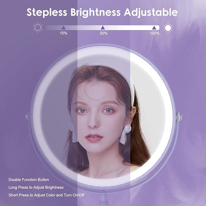 DEIOVWXS Makeup Mirror, 3000mAh Rechargeable Double-Sided Magnifying Vanity Mirror with 3 Colors, 1X/10X, Adjustable Brightness, Gift for Mom, Mothers Day, Women, Wife, Girls, Dorm Room Essential
