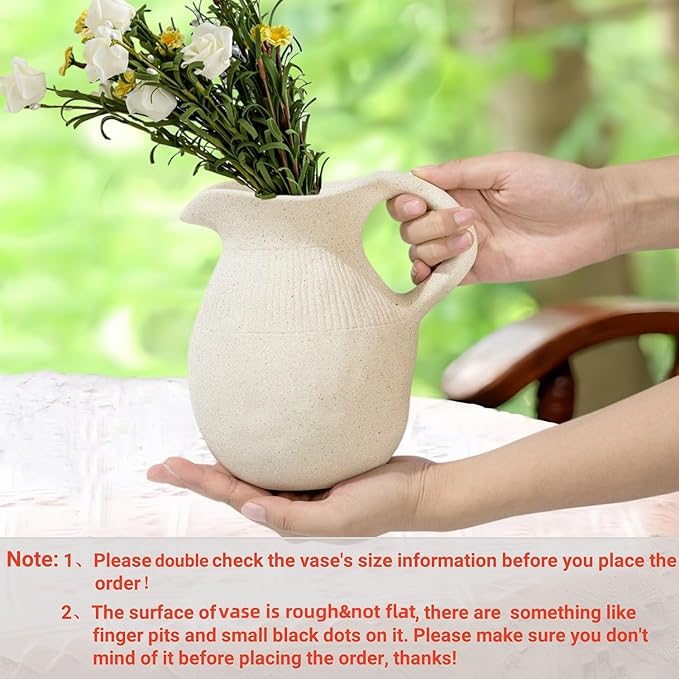 Farmhouse Ceramic Vase with Handle, Rustic Ceramic Pitcher Vases for Home Decor, Decorative Pottery Jug Flower Vase, Centerpiece for Your Kitchen/Bedroom/Office/Living Room/Shelf/Mantel