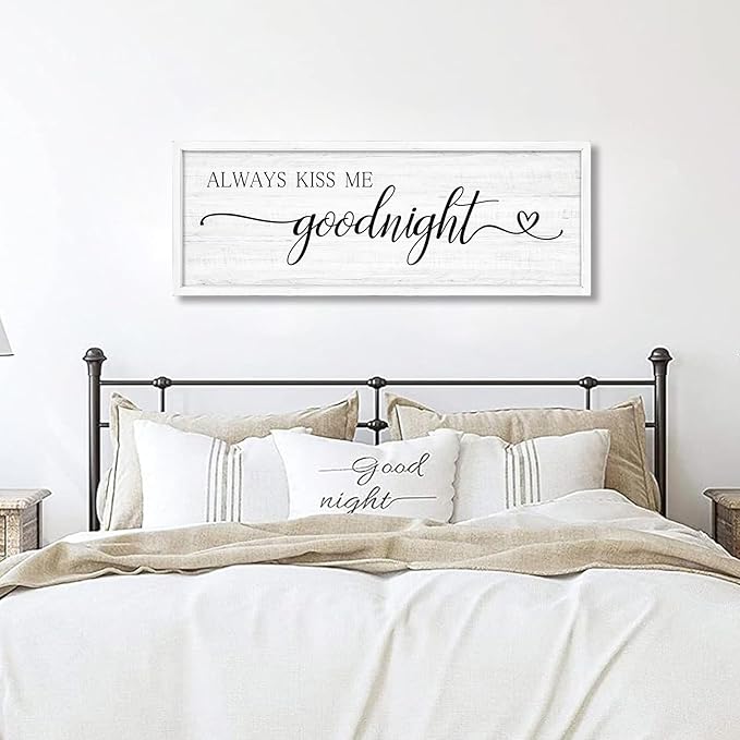 Always Kiss Me Goodnight Wall Sign Above Bed 41.3''×15'' Large Farmhouse Wall Decor for Bedroom Couples Room Decor Framed Wood Wall Art Rustic Master Bedroom Wall Decoration (white frame)