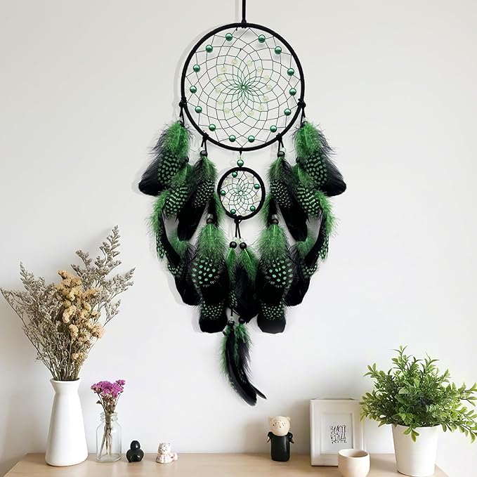 Green and Black Dream Catcher Wall Decor Feather Dream Catchers with Luminous Bead Handmade Dreamcatcher Wall Hanging Ornament for Bedroom Living Room Home Decor