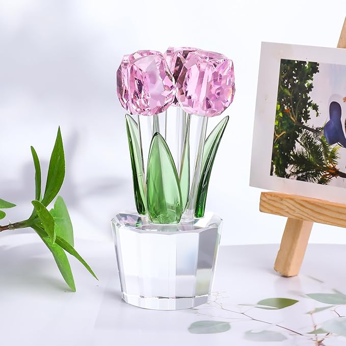 Movdyka Tulips Glass Flowers Figurines Crystal Decor Collectible Crystal Pink Flowers Bouquet Ornaments Mothers Day Tulip Gifts for Mom Women on Anniversary Wedding Christmas Valentines