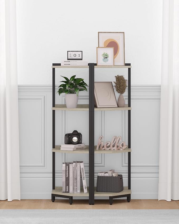 Hzuaneri Corner Shelf Stand, Corner Bookshelf, Storage Standing Shelf Unit with Metal Frame, Plant Stand, Bookcase for Living Room, Home Office, Bedroom, 4-Tier Greige CS05805B