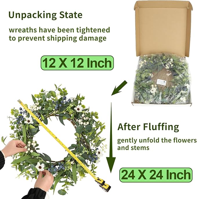 LZNPA 24 Inch Spring Summer Wreaths for Front Door Eucalyptus Wreath with Blue Berries Elegant Durable Greenery Front Door Wreath for Outside Wedding Farmhouse Porch Wall Room Home Decor