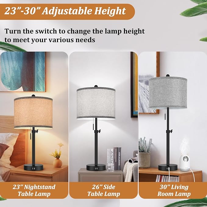 Kondras Table Lamps for Bedroom Set of 2, 23''-30'' Adjustable Height Bedside Lamps with 2 USB Ports, Black Nightstand Lamps with Grey Linen Shade, Modern Stylish Living Room Lamp Set with Pull Chain