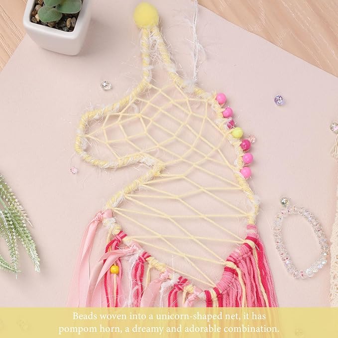 Pretty Jolly Unicorn Dream Catchers for Little Girls Bedroom Handmade Kids Dreamcatcher with Fluffy Pom Poms Feathers&Beads,Nursery Wall Decor for Toddler Girls Room,Children Birthday Gift(Yellow)