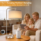 Innqoo Bedside Table Lamps for Bedroom Set of 2-Dimmable Nightstand Lamps with USB Port and Outlet,Modern Grey Lamps with Linen Shade,Tall Desk Lamps for Home Office Bedroom Living Room End Table
