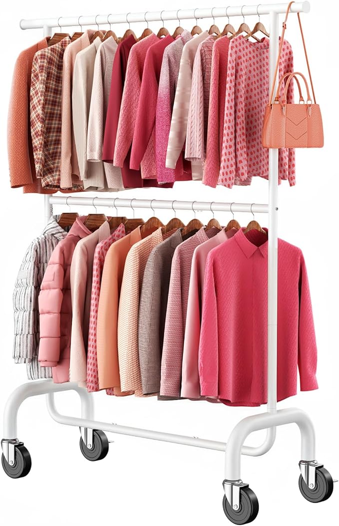 Heavy Duty Clothes Rack Load 600 LBS, Rolling Clothing Rack for Hanging Clothes with Lockable Wheels, Double Rod Garment Rack for Bedroom, Laundry, Clothing Store, White