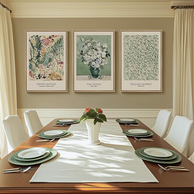Large Framed William Morris Wall Art for Living Room, Set of 3 Vintage Sage Green Botanical Canvas Prints, Van Gogh Floral Plant Artwork for Bedroom, Hallway, or Home Office Decor, 24x36 Inch