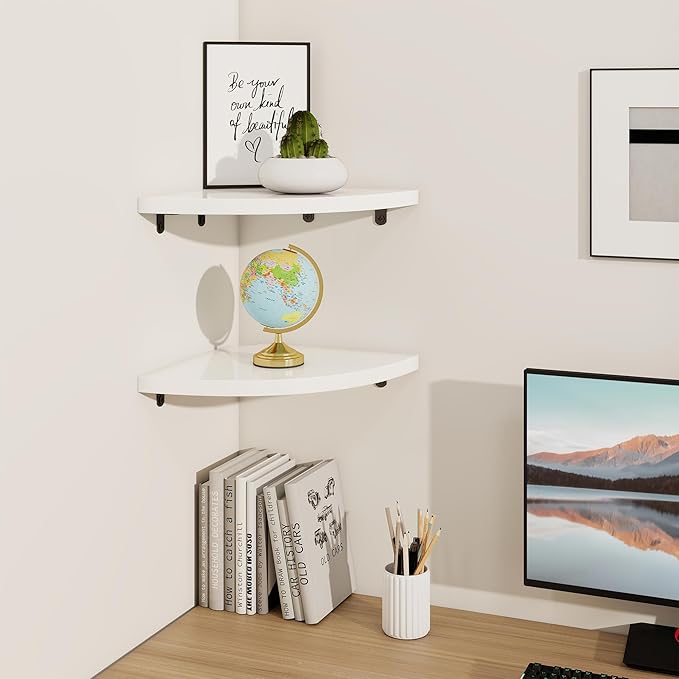 Fun Memories Corner Shelf Wall Mount, Solid Oak Wood Floating Corner Shelves with Cable Hole, 10in Rustic Design for Bedroom, Bathroom, Kitchen, Living Room (White, 1 Pack)