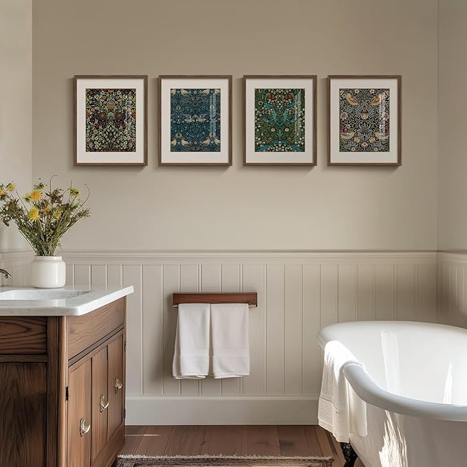 Framed William Morris Canvas Wall Art, 4 Piece Vintage Botanical Floral Bird Wall Art Decor, Retro Strawberry Thief Painting Artwork for Living Room, Bedroom, Bathroom, Office, Dining Room, 8x10