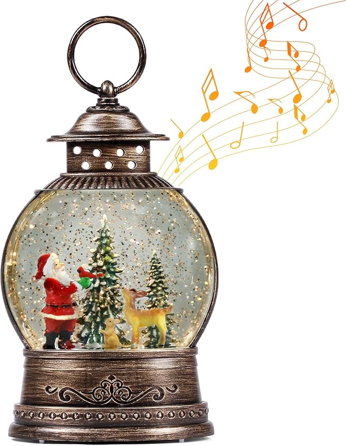 Christmas Snow Globes, Lighted Decorations Musical Snow Globes Lantern, Santa Christmas Decoration Indoor Home Décor & Gift, 6H Timer, USB/Battery Operated,