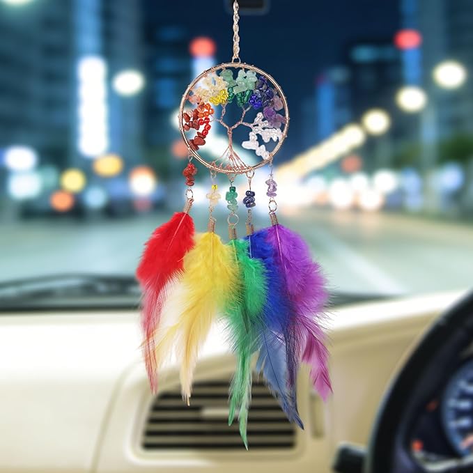 Pretty Jolly Small Tree of Life Crystal Stone Dream Catchers Rainbow Feathers Mini Dreamcatchers for Cars Rear View Mirror Hanging Decoration Good Luck Travel Charm Bedroom Ornaments for Women Girls