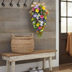 25 Inch Lighted Spring Summer Teardrop Swag with Timer Daisies Wildflower Burlap Bow Farmhouse Floral Decor for Front Door Wall