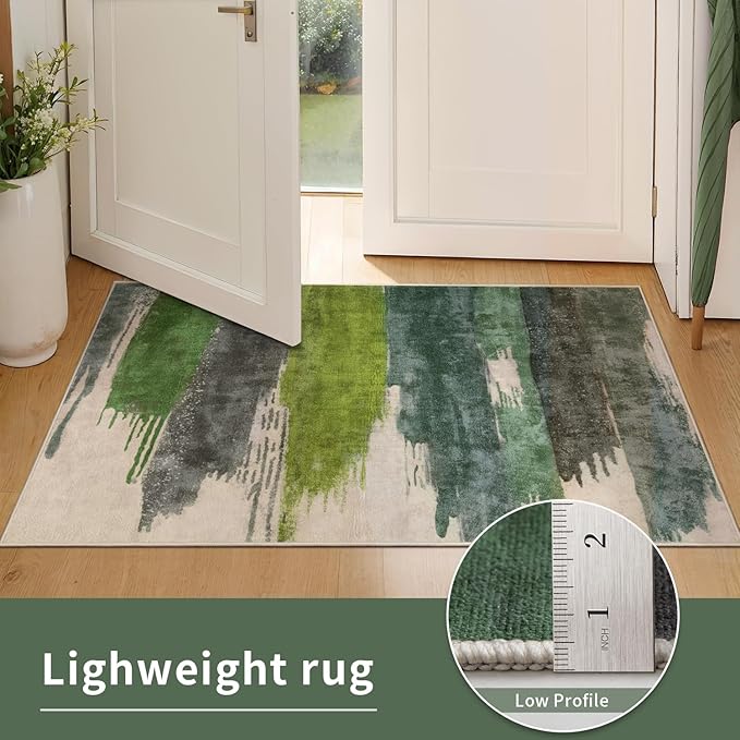 Ciicool Modern Abstract Rug for Living Room, 5'x7' Machine Washable Area Rug Non-Slip Rug, Low-Pile Contemporary Indoor Dining Floor Carpet for Bedroom Office Under Table Home Decor Green