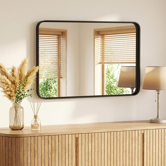 Sweetcrispy Bathroom Wall Mirror, 40x30 Inch Wall Mount Mirror for Over Sink, Modern Rounded Rectangle Vanity Mirrors with Matte Metal Framed, for Home Decor, Living Room, Bedroom, Black