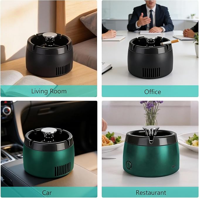 Smokeless Ashtray 2 in 1 Air Purifier Ashtray Smoke Removing Ash Tray Portable Smokeless Ashtrays USB Rechargeable Electric Ashtrays Indoor for Car Home and Office (Green)